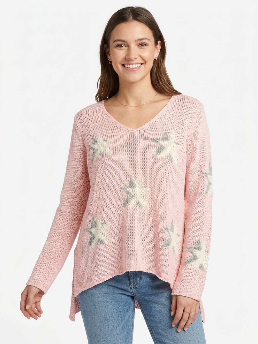 WOODEN SHIPS Paola Buendia Star Intarsia Knit Sweater Pink XS Open Weave